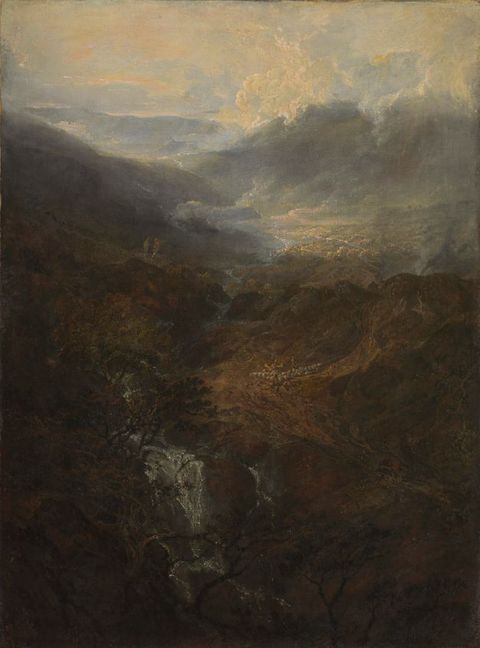 Painting. A portrait-format painting of a rugged landscape seen from an elevated viewpoint. Pale blue mountains recede into the distance, while in the orange and brown undergrowth contains a waterfall that cascades over dark rocks and branches.