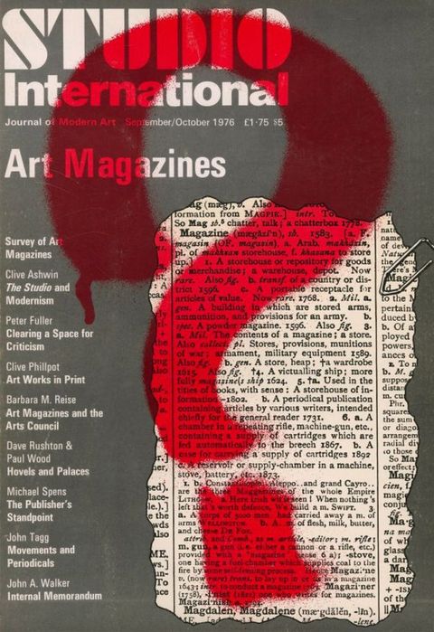 Cover of a magazine. A grey background is overlain with a cut-out excerpt of black and white text. Above, white title text reads, ‘Studio International / Art Magazines’. On the left, a list outlines the magazine’s contents. The entire design is overlain with a semi-transparent, bright red question mark with an airbrushed quality.