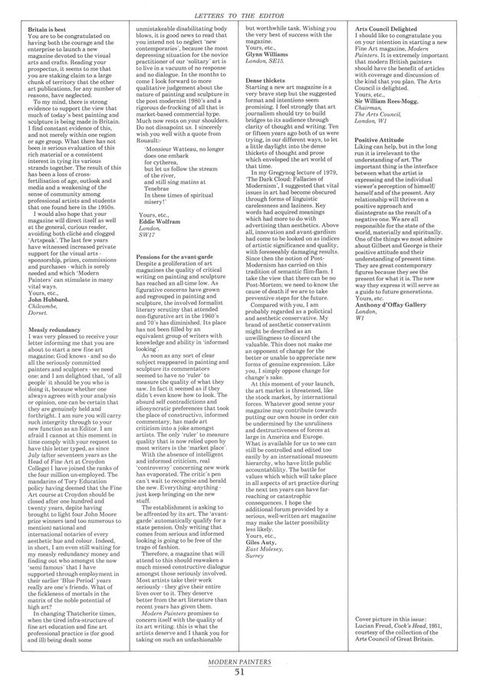 Page of a magazine. In this magazine excerpt we see a series of letters written to the magazine editor, with the names of the letter authors below them, arranged across the page into four columns. A footer at the bottom of the page reads, ‘Modern Painters’.