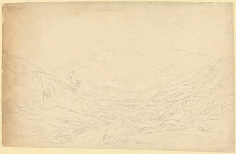 Drawing. A delicate line drawing of a landscape. The faint outlines of mountains can be seen in the distance, and in the foreground, uneven rocks form mounds on either side that slope downwards to a winding road in the centre.