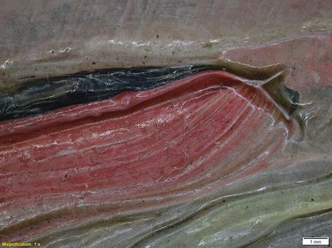 Colour photograph. A close-up, detailed study of a textural area of paint, featuring shades of red, black and beige, with a glossy appearance. On the lower left yellow text reads, ‘Magnification: 1 x’. On the right, a small white rectangle bears the text ‘1 mm’.