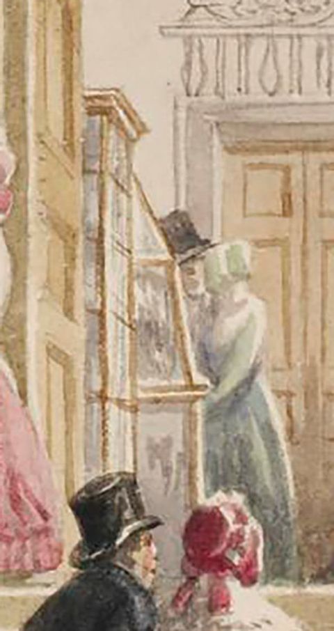 Painting. In this close-up detail of a painting, we can see the view into a grand interior space with painted wooden doors and a tall glass cabinet case. The heads and shoulders of two people can be seen from behind in the foreground, one wearing a traditional top hat, and another two people can just be made out in the distance.