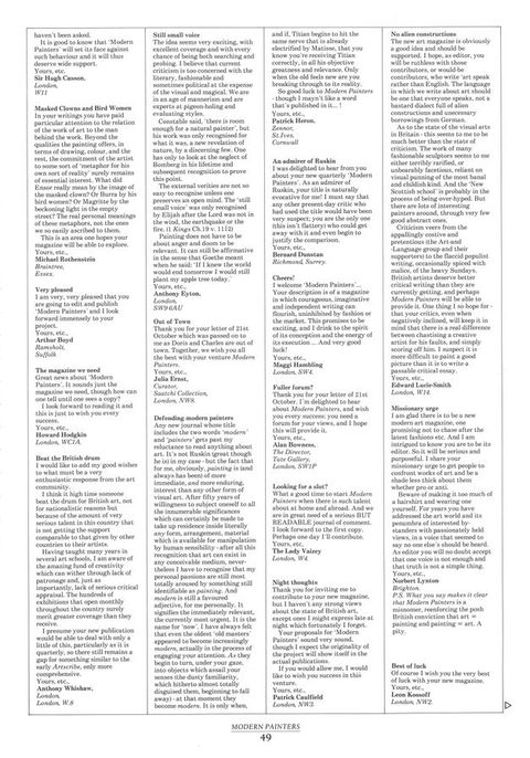 Page of a magazine. In this magazine excerpt we see a series of letters written to the magazine editor, with the names of the letter authors below them, arranged across the page into four columns. A footer at the bottom of the page reads, ‘Modern Painters’.