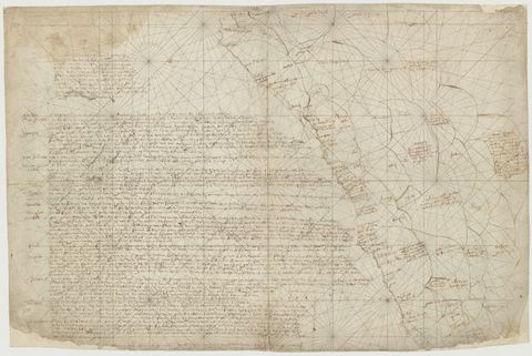 Colour photograph. A photo documenting a black and white, hand-drawn chart which is overlain with a long passage of hand-written text on the left, and a series of hand-written, scattered notes on the right which are interspersed with contour lines. The paper has a worn, aged appearance, with an uneven, patchy surface, and ragged, frayed edges.