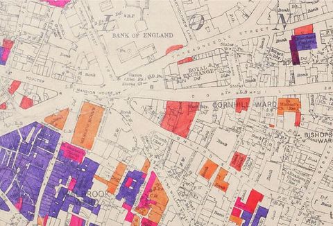 Colour map. A close-up, cropped view of a map showing part of the City of London. Visible place names include The Bank of England, Cornhill Ward, Threadneedle Street and Walbrook Ward. Parts of the map have been coloured in with different shades of purple, pink, orange, and red.