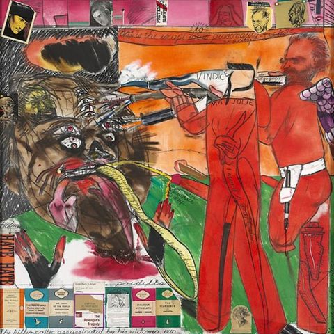 Painting/Collage. A vibrantly coloured artwork made with expressively drawn lines and painterly patches of colour. On the right, two semi-abstract people fire guns or hoses towards a giant head on the left which has multiple sets of eyes. Around them various paper pieces have been pasted on, including a row of classic Penguin book covers on the lower left.