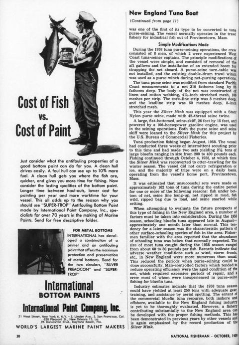 Page of a Magazine. A magazine excerpt taken from National Fisherman Magazine, bearing an illustration of a fisherman holding up a fish in one hand and a tin of paint in the other, beneath which the title reads, ‘Cost of Fish vs. Cost of Paint.’