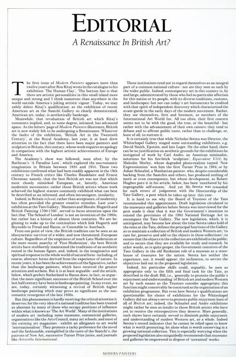 Page of a magazine. Title text reads, ‘Editorial / A Renaissance in British Art?’. Below is a longer passage of text arranged into two columns. A footer at the bottom of the page reads, ‘Modern Painters’. 