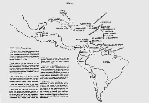 Page from a flyer. On the left of the image is a simple, line drawn black and white map featuring named places including Mexico, Panama, Brazil, Peru, and Chile. To the right is a passage of text, which includes the phrase ‘Carifesta ’72.’