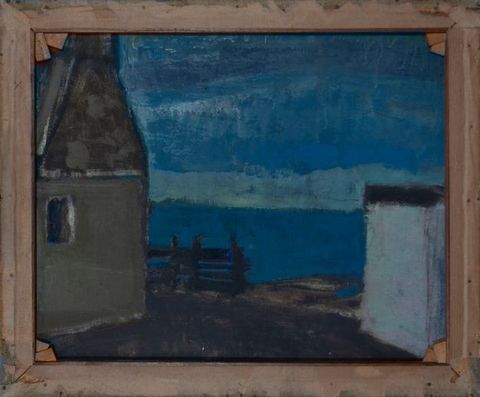 Painting. Photograph of a painting depicting a view out to sea, painted in strikingly vivid shades of blue. Small buildings flank either side of the view, one of which has a tiny window. The painting appears to be on the reverse of a stretched canvas, with the back stretchers forming a frame around the painting.