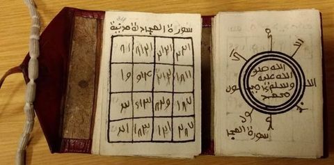 Colour photograph. Documentation of an open, brown leather wallet containing two stacks of paper side by side. On the top sheets of paper are a series of hand-drawn letters and diagrams drawn in black and brown ink.