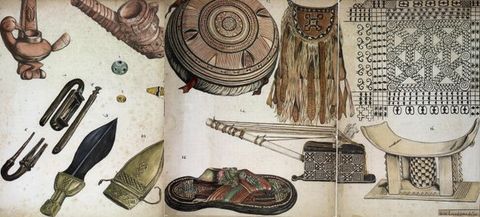 Drawing. In this 3-part image, a series of decorated objects including clothing, instruments and tools, feature carved details, or are adorned with embroidery and feathers. The objects are arranged against a white background like museum artefacts. Each item is numbered as if part of a scientific guide.
