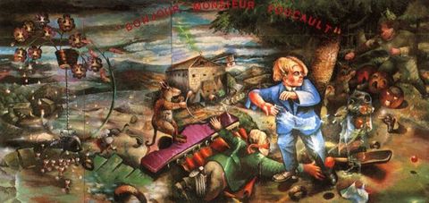 Painting. A colourful painting across five panels depicting a crowded outdoor scene featuring plants, people, and animals. In the foreground a person in a pale blue suit twists as if trying to escape, while another person lying on the ground dressed in a green jacket face down spreads their arms out wide. Above them a curved passage of red text in capital letters reads, ‘Bonjour Monsieur Foucault’. 