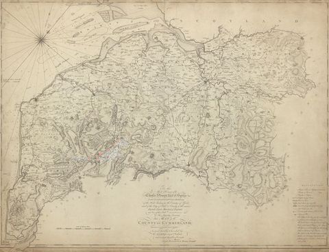 Black and white map. A traditional map showing the area of the County of Cumberland in England. The border of Scotland is just visible at the top. Text in the lower centre reads ‘To the Most Honourable Charles Howard, Earl of Surrey … This Map of the County of Cumberland, Is Most Humbly Inscribed by His Lordship’s Most Obedient and Obliged Humbly Servants Joseph Hodskinson & Thomas Donald’.