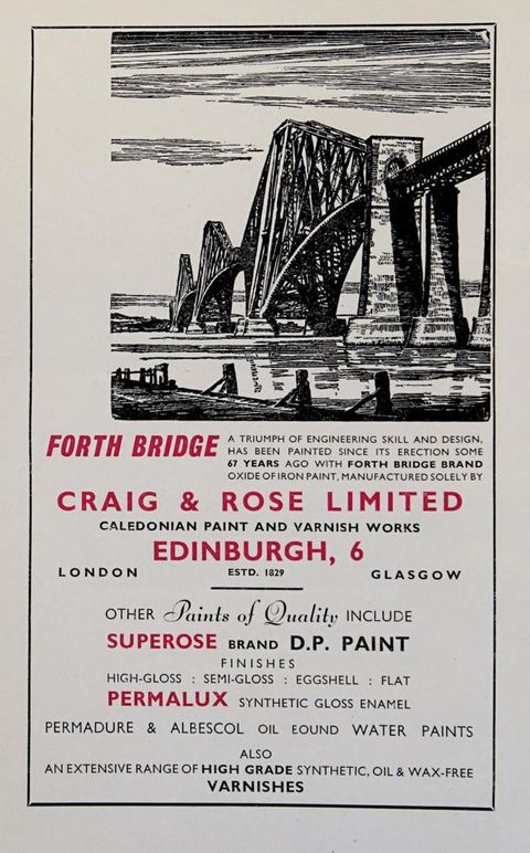 Page of a pamphlet. A flyer featuring an illustration of the Forth Road Bridge, with text in red and black below linking the road bridge paint work exclusively with Craig & Rose Limited manufacturers, who produce, ‘Forth Bridge Brand Oxide of Iron Paint.’