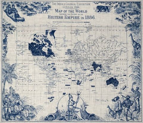 Colour map. This blue and white map bears a title in the front, top centre, reading, ‘The India & Colonial Exhibition, London, 1886.’ Below this, text reads, ‘Map of the World, Shewing the Extent of the British Empire in 1886. The map is framed with a series of illustrations depicting people, plants and animals.