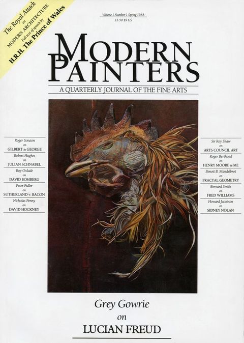 Cover of a magazine. In the centre of the cover is an artwork depicting a dead chicken’s head seen lying on a dark red background. Above the artwork reading the text ‘Modern Painters’, and below, ‘Grey Gowrie on Lucian Freud’. Further text detailing the magazine contents is seen on the left and right of the artwork.