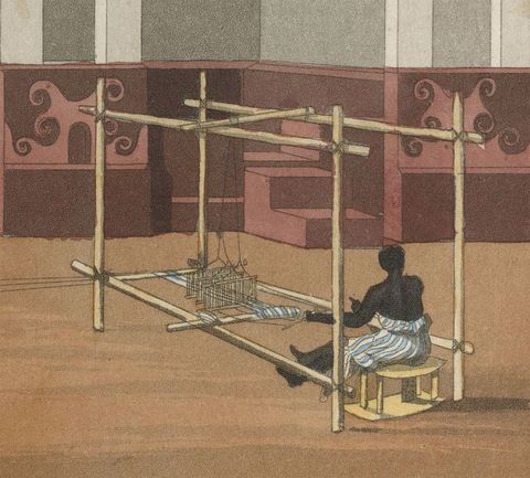 Drawing. In this detailed section of a larger drawing, we see a person from behind, sitting at a large loom. They are dressed in blue and white striped fabric, and the same pattern and colour of fabric can be seen mid-weave on the loom. Their arms and legs are stretched out in front as if caught mid-motion at work on the loom. Beyond them we can see elaborately decorated architectural features.