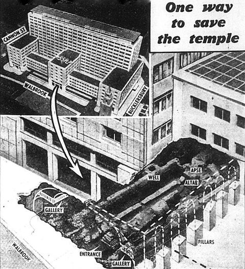 Drawing. A black and white drawing split into several parts, containing the text ‘one way to save the temple’. On the top left is an aerial view of a building contained within a box, from which an arrow leads us to a diagram below, showing a part of the same building which has been converted into an excavation site. 