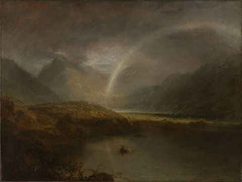 Painting. A dark and brooding landscape scene with billowing grey and brown clouds gathering over silvery mountains, and an expanse of green grass that forms the banks of a river containing a small boat with two rowers.