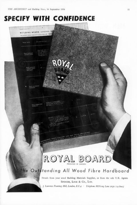Page of a magazine. A black and white magazine advertisement, taken from a page of THE ARCHITECT and Building News, 16 September 1954. Two man’s hands are seen holding out a sheet of paper and a box bearing the text and logo ‘Royal Board’. The upper image is emblazoned with the text, ‘Specify with Confidence’, and in the lower image reads the text, ‘Royal Board / The Outstanding All Wood Fibre Hardboard’. 