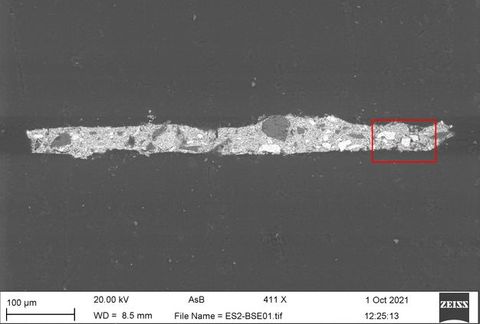 Black and white photograph. An image with a microscopic appearance, showing a detailed strand of rock or mineral spread out horizontally against a grey background. Along the lower band of the image are a series of numbers suggesting scientific study. On the right is the date 1 Oct 2021, along with a simple logo reading the word ‘Zeiss’.