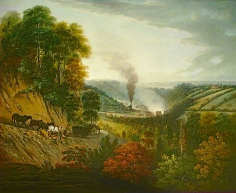 Painting. A vibrant depiction of a landscape filled with green and orange trees is seen from an elevated viewpoint. On a winding road running in from the left and leading down into a valley we can see a person pushing a cart towards a house, followed by three horses. In the centre of the valley a grey building pumps a large plume of grey smoke into the sky.