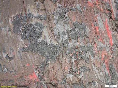 Colour photograph. A close-up, detailed study of a textural area of paint, featuring shades of red and brown, with a glossy appearance. On the lower left yellow text reads, ‘Magnification: 0.67 x’. On the right, a small white rectangle bears the text ‘2 mm’.