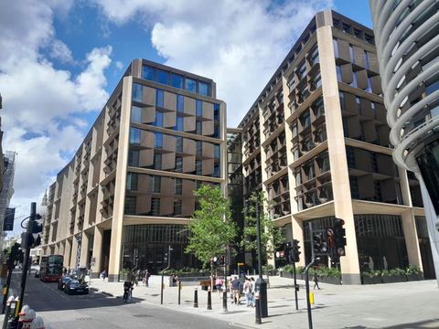 Colour photograph. The view down a busy city street in the daytime, with several modern buildings visible on the right, and a cluster of plants, trees and traffic lights in the space before them. Several cars and a bus line the road which can be seen running into the distance.