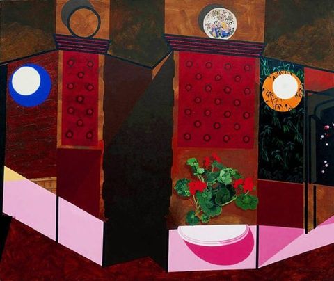 Painting. An angular, semi-abstract artwork painted in vivid shades of red, brown, black, pink, blue, orange, and green. Structural shapes suggest architectural forms, with strong, directional shadows, while recognisable elements of plants can be seen through a space resembling a window, and growing from a wall.  