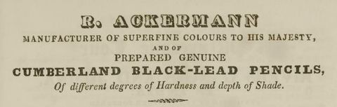 Printed label. A rectangular, horizontal label with text in both capital and lower-case format, reading, ‘R. Ackermann / Manufacturer of Superfine Colours to His Majesty, / and of / prepared genuine / Cumberland Black Lead Pencils, / of Different Degrees of Hardness and depth of Shade’. 