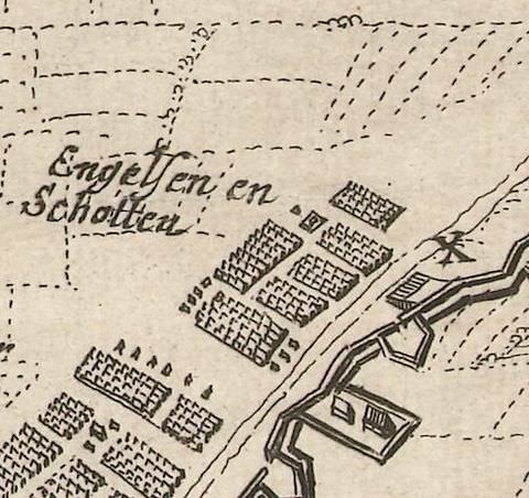 Page of a book. A black and white book illustration showing the aerial view over a patch of land, divided up by various lines, patterns, and shapes. A passage of text is laid over the left part of the image.