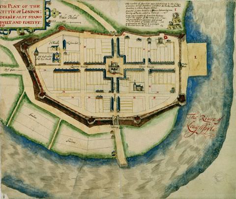 Photograph. A colourful aerial map on white paper. A large passage of blue water runs in a u shape from the upper right corner to the lower left corner, and the rest of the image shows a city grid. Red text over the river reads, ‘The River of Loughforte’. In the upper corner, a box of text includes the title, ‘The Platte of the Cittie of London’.