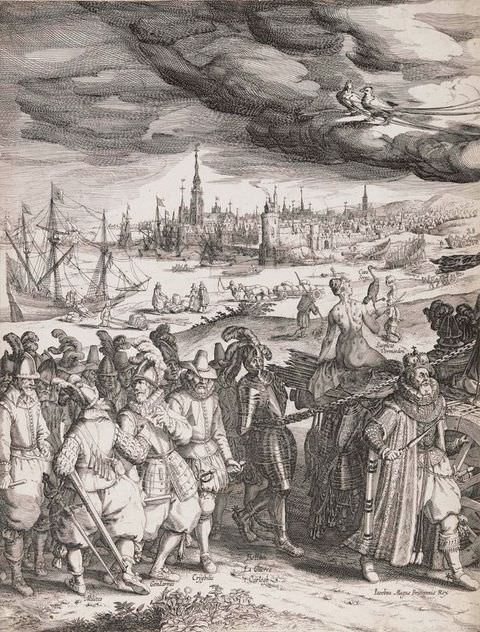 Drawing or print. A black and white illustration showing an outdoor scene, with dark, billowing clouds in the sky, and a cluster of people in the foreground. A city with pointed spires is visible on the distant right, and on the left a is shoreline with a resting ship. Leading the crowd in the right foreground is a man wearing a crown, stiff collar and long cape.