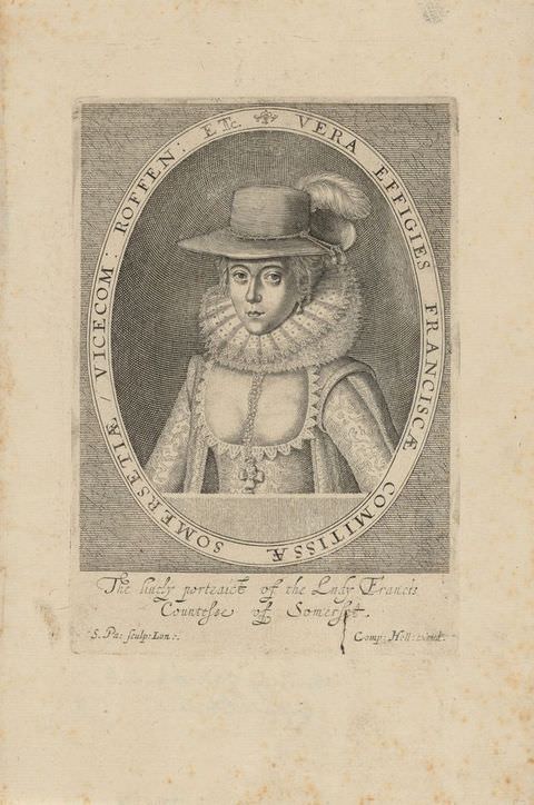 Photograph. An illustration of a young woman’s head and shoulders, contained within an oval frame. She wears old-fashioned clothing including a ruffled collar and a feathered hat. Text in upper case lettering runs around the inner lines of the frame, while a further, short passage of text can be seen below her.