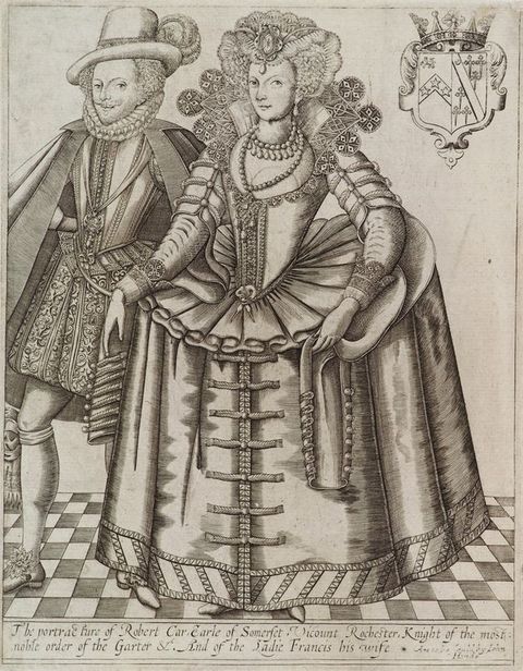Page of a book. In this book illustration, we see a man and a woman standing closely side by side within an interior space that has a chequered floor. They are wearing regal, historical clothing, including satin fabric, with embroidery, corsets, and jewellery. Royal insignia is placed on the upper right, and a small passage of text runs along the base.