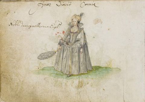 Drawing. A colourful, full-length sketch of a woman on white paper, wearing a grey dress, with a full skirt and corseted waist, and an elaborate updo hairstyle with a protruding feather. She holds a large feathered fan in her right hand, extending it outwards. Green grass is lightly washed in below her feet. Several handwritten words can be seen above her. 