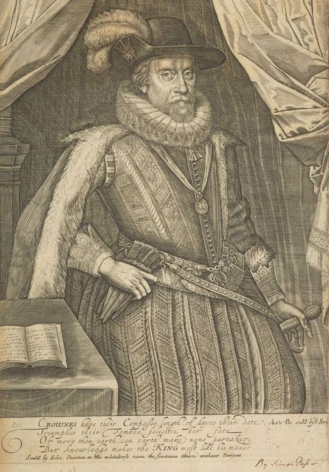 Page of a book. This black and white book illustration depicts a man from head to knee, wearing historical, fitted clothing including a fur-lined cape, corseted waist, and black hat with a feather plume. To the left of the image the corner of a table is just visible, holding an open book. Behind him, two curtains form wings out from the centre. A passage of handwritten text runs below him.