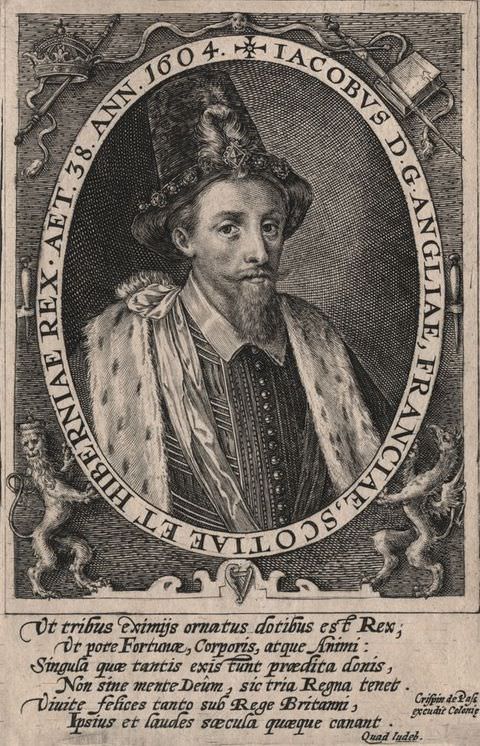 Page of a book. A black and white book page featuring a portrait of a man contained within an oval frame, which has text inscribed around on it. The man is seen from head to chest, wearing an ermine fur lined cape and a tall hat with a feather on its front. A small passage of text runs below the portrait.