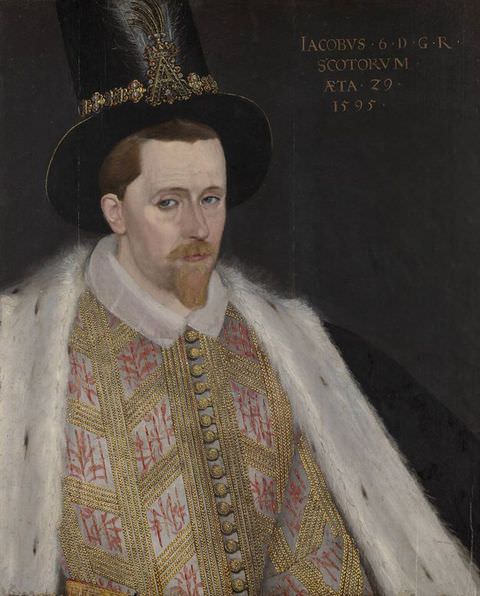 Painting. A portrait of a man, seen from head to waist, facing us with a serious expression, against a black backdrop. He wears a golden embroidered jacket topped with a fur-trimmed cape, and a tall, richly decorated black hat bedecked with jewels and a feather. To the right of the image a passage of text bears the date, ‘1595’.