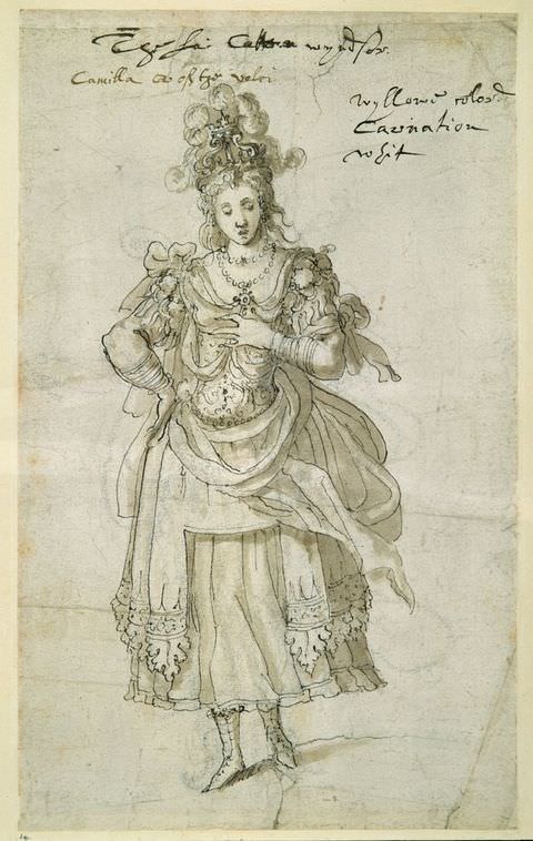 Drawing. A black and white, full-length portrait of a woman wearing a long, flowing dress with a fitted corset and floral, frilled details. She has a tall, elaborate hairstyle piled on her head. Small passages of handwritten text can be seen in the upper image. 