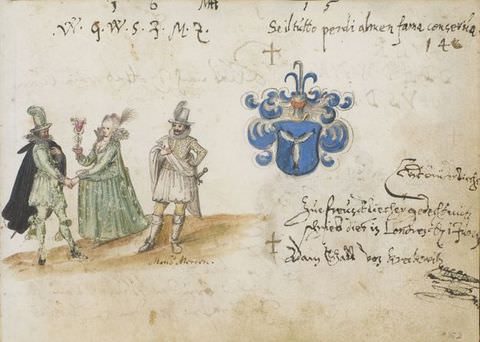Drawing. A colourful drawing on white paper, with scattered passages of handwritten text. A cluster of three people in historical clothing are drawn on the left – a man and a woman who hold hands while she extends a flower towards him, and a further man standing with hands on his hips. On the image’s right is a blue drawing of royal insignia.