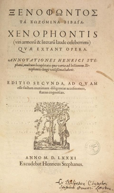 Page of a book. This book page features a passage of text, including a title reading, ‘XENOPHONTIS’. Below the text is a small black and white illustration of a robed man who reaches up to a tree, from which a ribbon bearing a Latin inscription emerges.