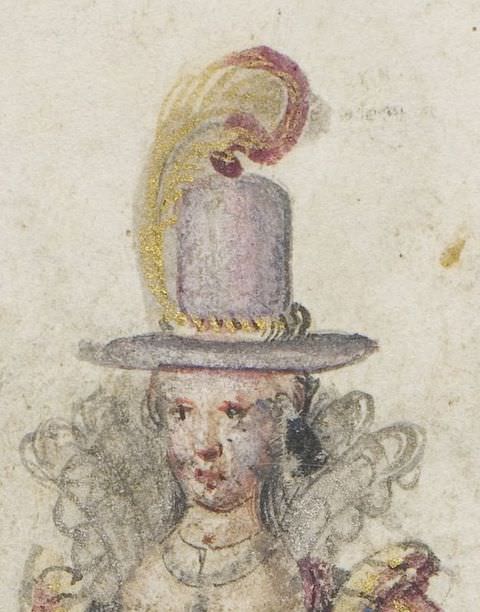 Drawing. A close-up detail of a larger drawing. In the details we see a woman’s head, which is topped by a tall, lilac coloured hat decorated with a large yellow feather plume. Around the back of her neck, we see a stiff, upright lace collar, and around her neck are several beaded necklaces.
