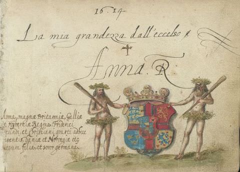 Colour photograph. Documentation of a handwritten note on white, aged paper with various patches of light brown staining. The colourful British insignia adorns the right side of the paper, flanked by two figures wearing simple grass skirts, while loosely handwritten text on the remaining paper includes the date ‘1614’.