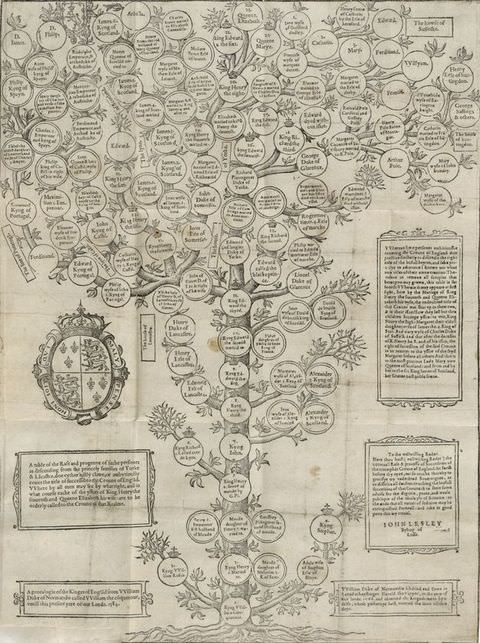 Manuscript illustration. This portrait format image features a complex illustration of a family tree, with circles containing text laid over a tree trunk and its branches. To the left of the image is the British royal insignia. 