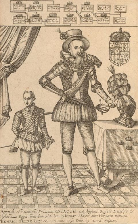 Photograph. This illustration shows a tall man standing on the right of the image, accompanied by a tiny man to the left. Both wear corseted jackets, short trousers and tights. The taller man wears a stiff hat. To the right of the image is a table with a metal, plumed helmet.