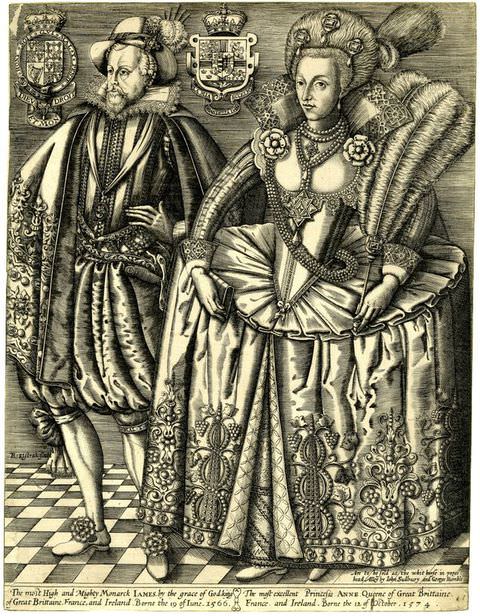 Print. A black and white illustration features a man and a woman dressed in ornate, elaborate historical costume including corsetry, embroidery, fur, and jewellery. Heraldry is suspended beside each of their heads, while a small passage of text runs below them.