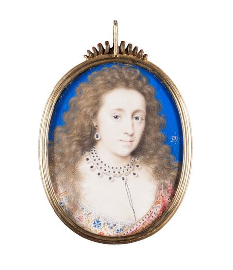 Painting. An oval, miniature portrait of a woman contained within a brass frame. Set against a vivid blue background, her head and decolletage fill the frame, with the bustline of a decorated pink dress just visible. She wears a red jewelled choker necklace and long, wavy light brown hair flowing over her shoulders.