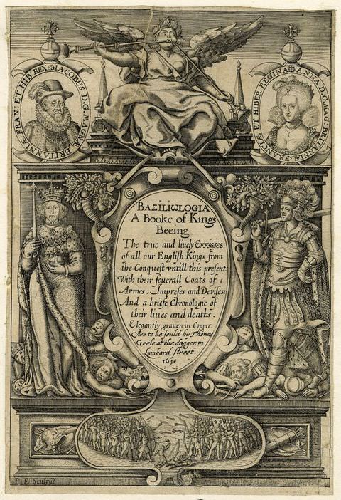 Page of a book. In this black and white book illustration we see the front of a stone structure featuring carvings of royal-looking figures on the left and right. In the centre is an oval shape inscribed with text. An angelic figure sits on the top of the structure in the centre, while the sky can be seen beyond them.